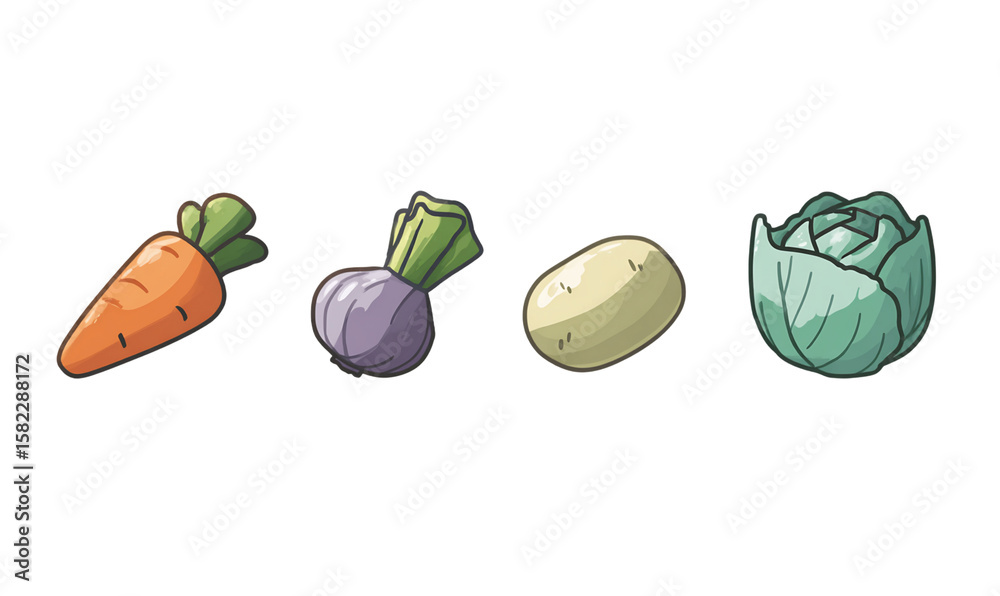 Naklejka premium Pixel Art Vegetables: Carrot, Beet, Potato, Cabbage Illustration, PNG