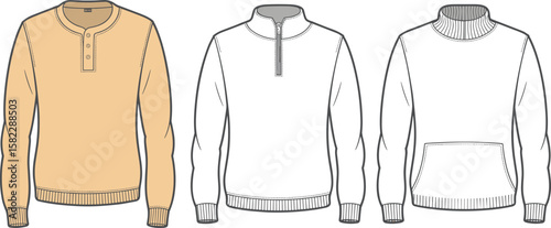 men's sweater vector template, fashion flat sketch, henley knit pullover, half zip jumper drawing, turtleneck sweatshirt design illustration