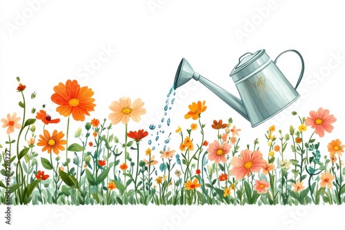 Watercolor Garden Watering Can showers Colorful Flowers in a Lush Meadow Scene on white background. Generative AI