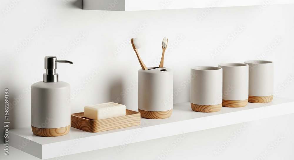 Naklejka premium Modern Bathroom Still Life Featuring a Sleek Whisk-like Soap Dispenser
