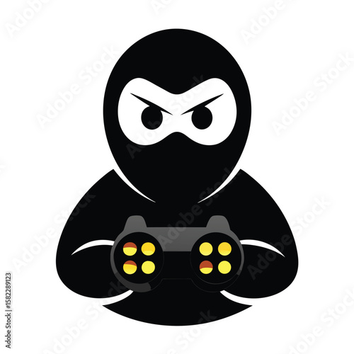 Stealthy ninja gamer holding a video game controller with glowing buttons