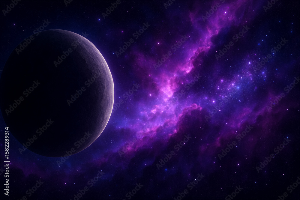 Fototapeta premium Vibrant Alien Planet Floating in Purple Nebula Space