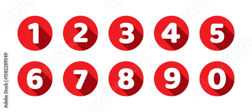 Number set of zero to nine with shadow effect. Colorful circles and numbers. Numbers symbols with long shadow. Number digit vector icon in colorful circle. Set of 1-9 numbers vector.