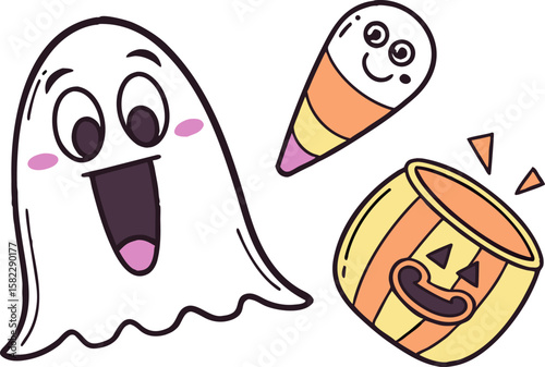 Cartoon halloween scene featuring a happy ghost a candy corn and a pumpkin bucket with some triangles