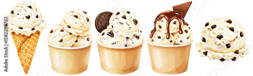 チョコチップクッキーバニラアイスクリームの水彩ベクターイラストセット コーンアイス/ カップアイス