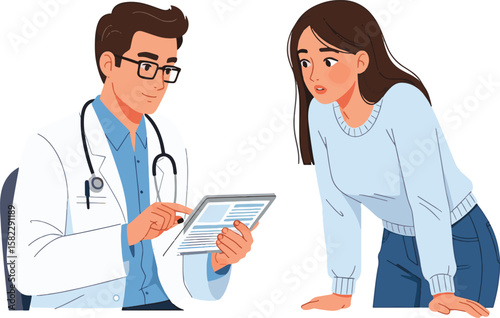A doctor reviewing a tablet while consulting with a concerned patient