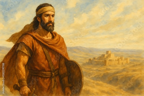 Watercolor Potrait Illustration of Joshua Son of Nun Before the Battle of Jericho From Old Testament 