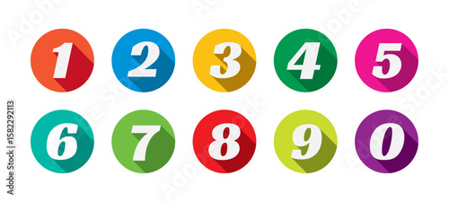 Number set of zero to nine with shadow effect. Colorful circles and numbers. Numbers symbols with long shadow. Number digit vector icon in colorful circle. Set of 1-9 numbers vector.