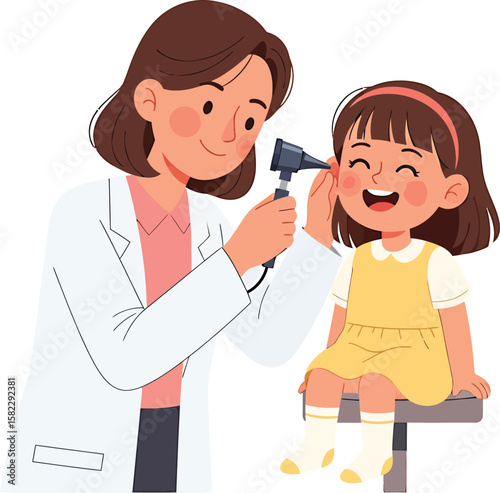 Smiling doctor examining a happy child's ear with an otoscope during a checkup