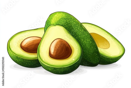 Fresh avocado halves whole avocado fruit illustration food healthy eating 80 ch on white background. Generative AI