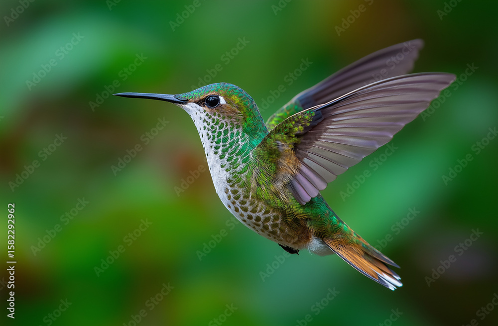 Obraz premium Photo of a hummingbird in flight, with its iridescent violet feathers and long beak