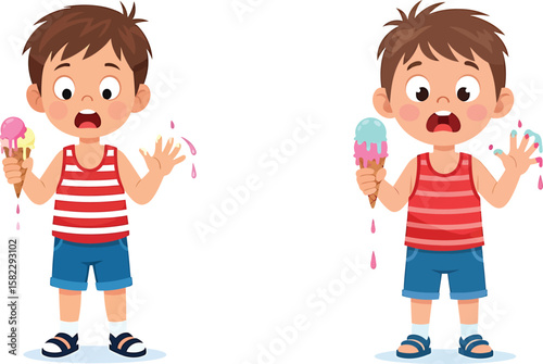 Two cartoon boys with ice cream, one with melted ice cream dripping, showing expressions of surprise and accident