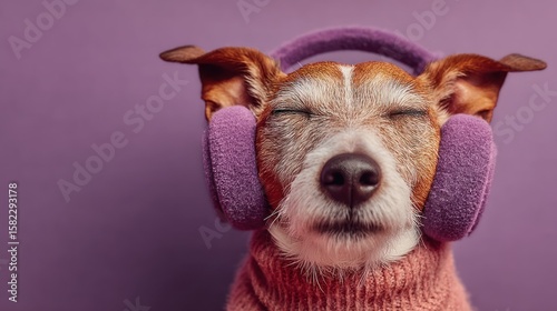 Relaxed Jack Russell Terrier Wearing Purple Headphones and Sweater