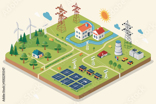 Mesmerizing Isometric Map Renewable Energy Grid Original Concept Design Bright Cheerful Mood Perfect for Brand Storytelling Projects Digital Marketing Content Creation Creative Asset