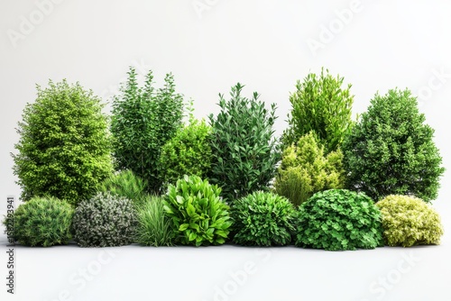 Verdant Variety A Lush Collection of Green Bushes and Shrubbery for Garden on white background. Generative AI