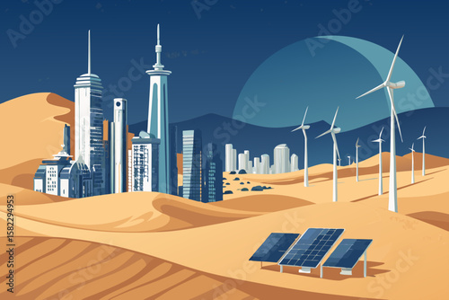Sensational Desert Oasis City Using Only Solar and Wind Energ Premium Collection Masterpiece Dramatic Intense Emotion Excellent for Brand Identity Development Digital Marketing Content Creation Creati