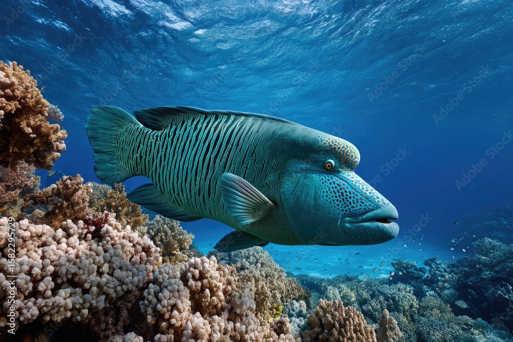Fototapeta premium A large Napoleon wrasse with its distinctive bulbous forehead and vibrant blue-green coloration