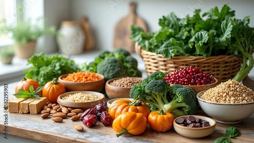 A clean kitchen counter beautifully arranged with iron-rich foods. Include fresh spinach, kale, broccoli, beetroot, lentils, chickpeas, tofu, pumpkin, seeds, almonds, quinoa, fortified cereals etc