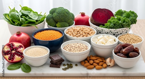 A clean kitchen counter beautifully arranged with iron-rich foods. Include fresh spinach, kale, broccoli, beetroot, lentils, chickpeas, tofu, pumpkin, seeds, almonds, quinoa, fortified cereals etc