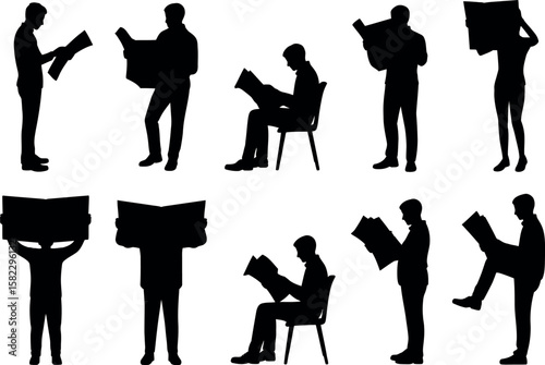 Newspaper reading silhouettes vector illustration people reading news media
