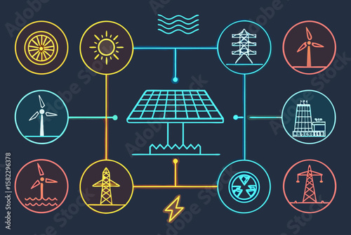 Mesmerizing Electric Grid with Renewable Energy Icons Abstra Refined Artistry Collection Elegant Refined Style Ideal for Advertising Campaign Materials Brand Marketing Visual Excellence Creative Asset