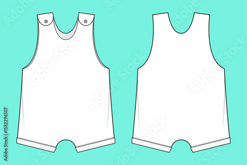 Baby Short Leg Romper Black and White fashion flat sketch CAD mockup.