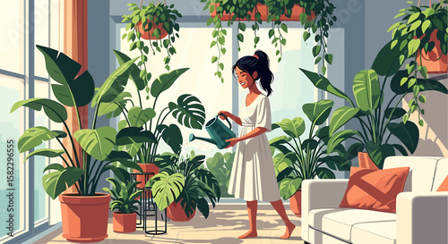 Woman Watering Houseplants in Modern Living Room