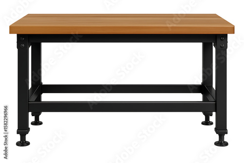 Wooden top workbench with black metal frame isolated on transparent background