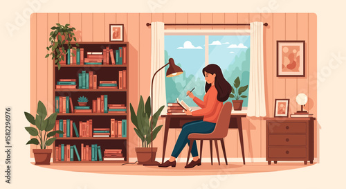 Woman Writing at a Desk in a Cozy Room