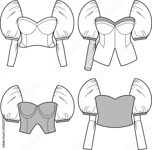 Puff sleeve corset crop top, women fashion flat sketch, sweetheart neckline blouse, vector template design, stylish apparel drawing, illustration
