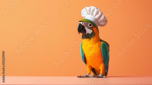 A macaw parrot wearing a chef's hat standing against a solid orange colored studio backdrop and surface