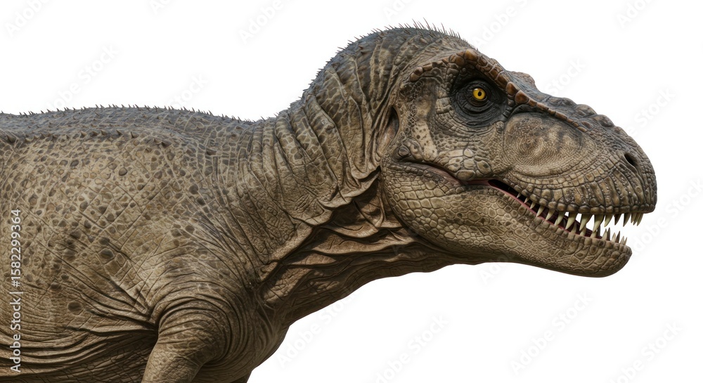 Obraz premium Tyrannosaurus Rex portrait exhibits prehistoric power and ancient ferocity on white canvas