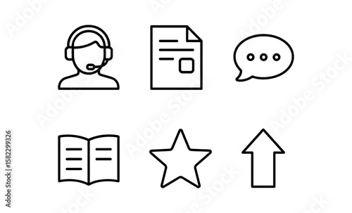 Minimalist communication icons: headset, document, speech bubble, book, star, arrow