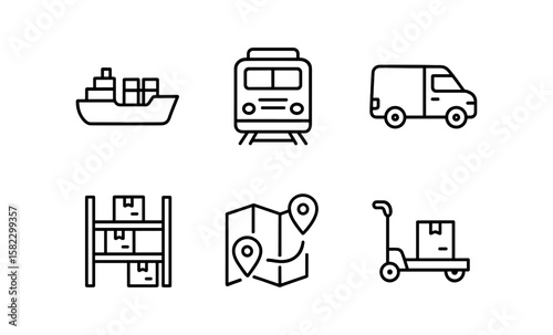 Transportation and logistics icons set featuring linear style for shipping and delivery themes