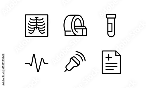 Linear medical icons set featuring x-ray, mri, and lab equipment