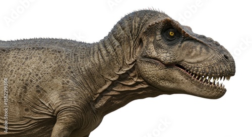 Tyrannosaurus Rex portrait exhibits prehistoric power and ancient ferocity on white canvas