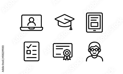 Online education icons featuring laptop, graduation cap, tablet, checklist, certificate, and professor