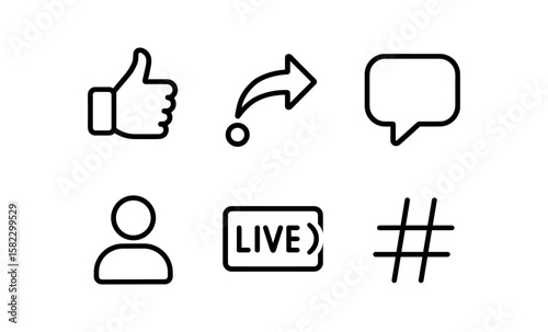 Minimalist social media icons set with thumbs up, reply arrow, and speech bubble