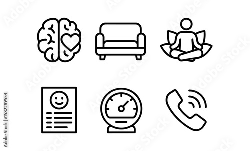Minimalist icons featuring wellness, interior, and communication themes in linear style
