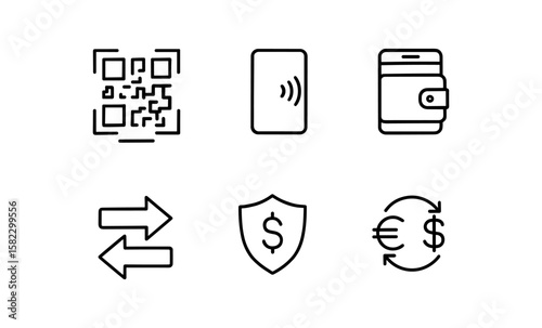 Minimalist payment and finance icons set: qr code, contactless, wallet, exchange, security
