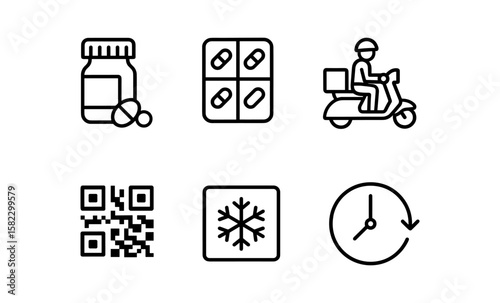 Minimalist icons: medicine, delivery, qr, snowflake, clock in line art style