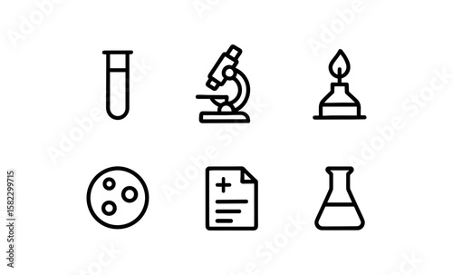 Minimalist science icons: test tube, microscope, bunsen burner, petri dish