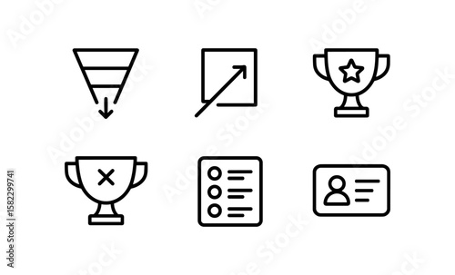 Minimalist business icon set featuring trophies, graphs, and id cards