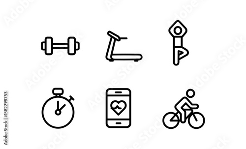 Fitness icon set: minimalistic gym equipment and activity symbols