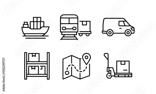 Logistics icon set: transport and delivery symbols in linear style