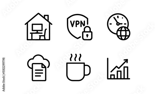 Minimalist icons for digital work and security: home office, vpn, cloud, growth