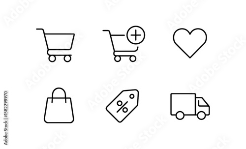 Minimalist shopping icons set with trolley, heart, bag, tag, and truck