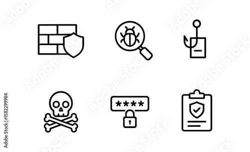 Cybersecurity icons featuring firewall shield bug detection protection in line art style