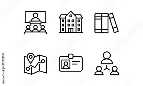 Education and networking icons: school, online learning, id, map, books