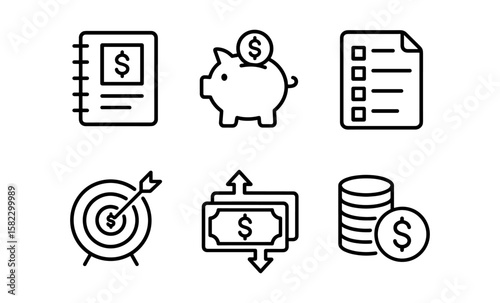 Minimalist finance icons set: budget, savings, and investment symbols